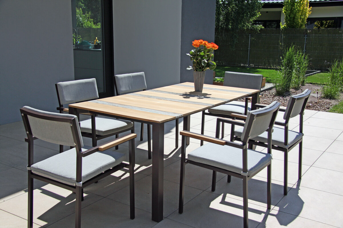 Soller luksusowy zestaw stołowy na taras 6 osobowy stół ogrodowy 6 krzeseł ogrodowych brązowo szaryTwojasiesta