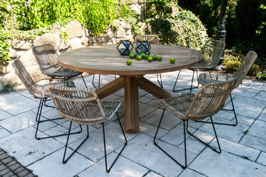 Bordeaux Dinan zestaw mebli ogrodowych 8 osób stół teakowy 170 cm krzesła rattanowe naturalne Vimine Twoja Siesta luksusowe meble ogrodowe