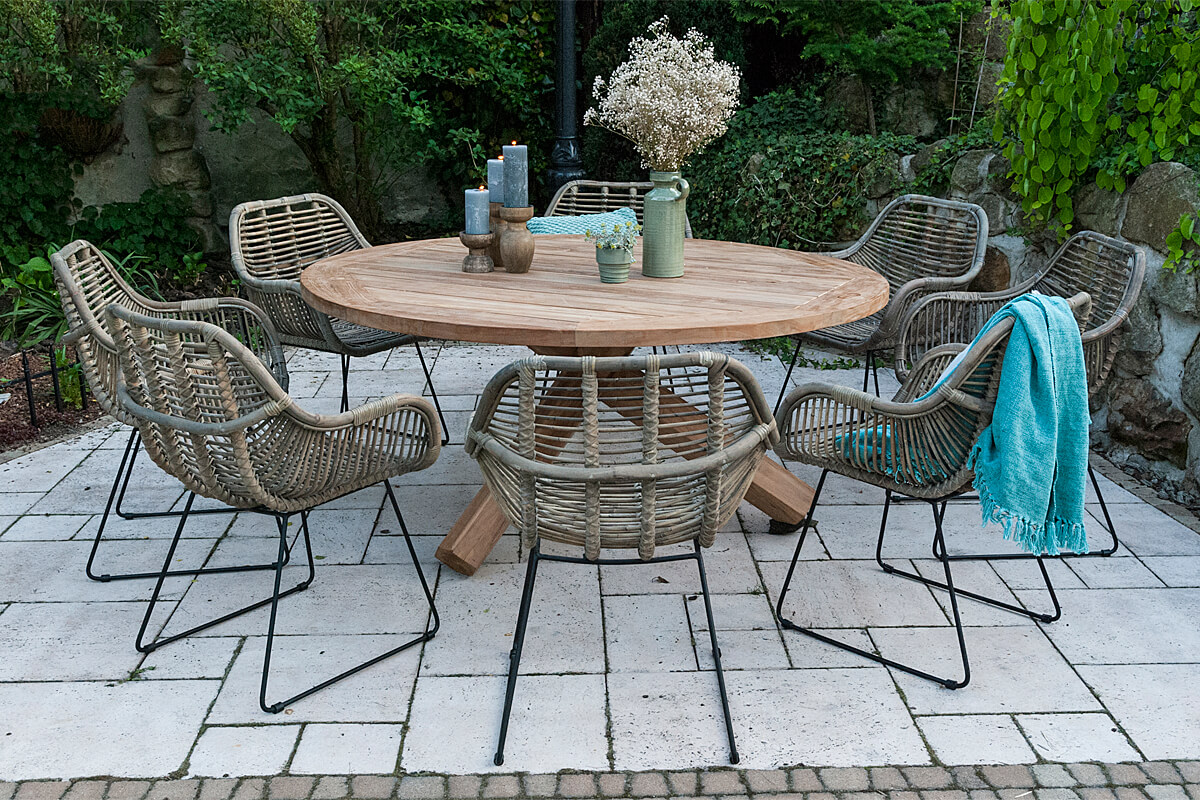 Bordeaux Laval zestaw ogrodowy z okrągłym stołem 170 cm 8 krzeseł rattanowych kolor naturalny Vimine luksusowe meble ogrodowe