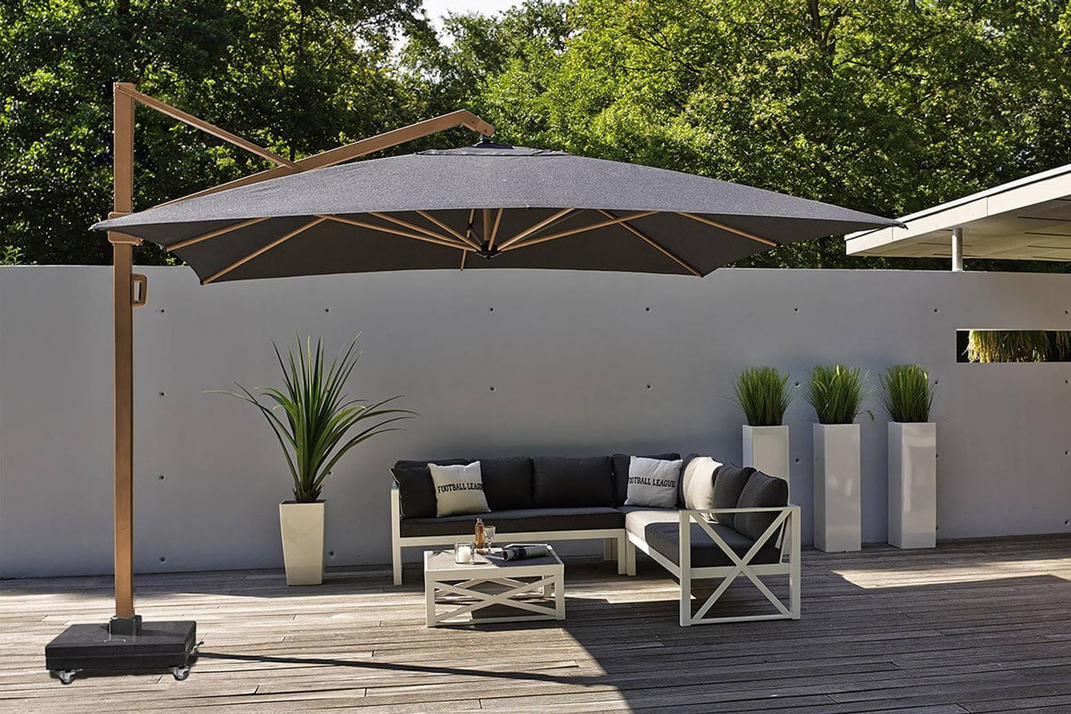 Parasol ogrodowy Icon 3.5 x 3.5 m kwadratowy z boczną nogą luksusowe parasole ogrodowe Platinum