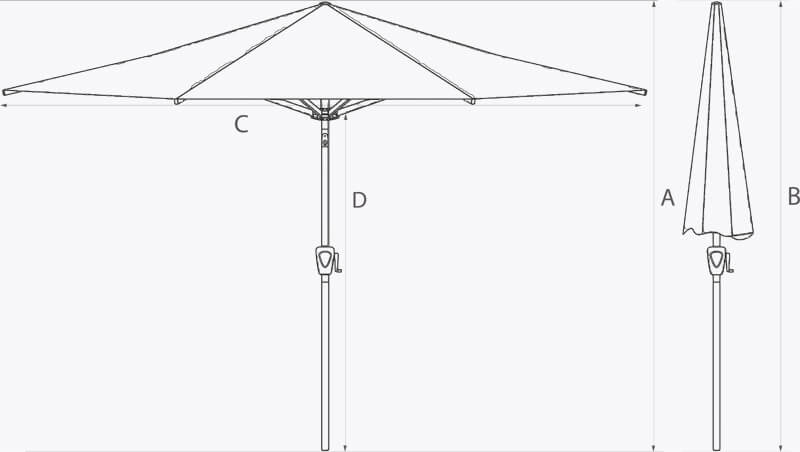 Schemat wymiarów parasoli ogrodowych Riva Platinum