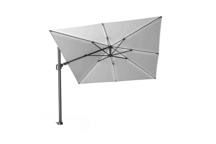 Parasol ogrodowy Challenger T2 GLOW 3 x 3m kwadratowy z podświetleniem LED z boczną nogą kolor jasnoszary bez podstawy luksusowy parasol ogrodowy Platinum