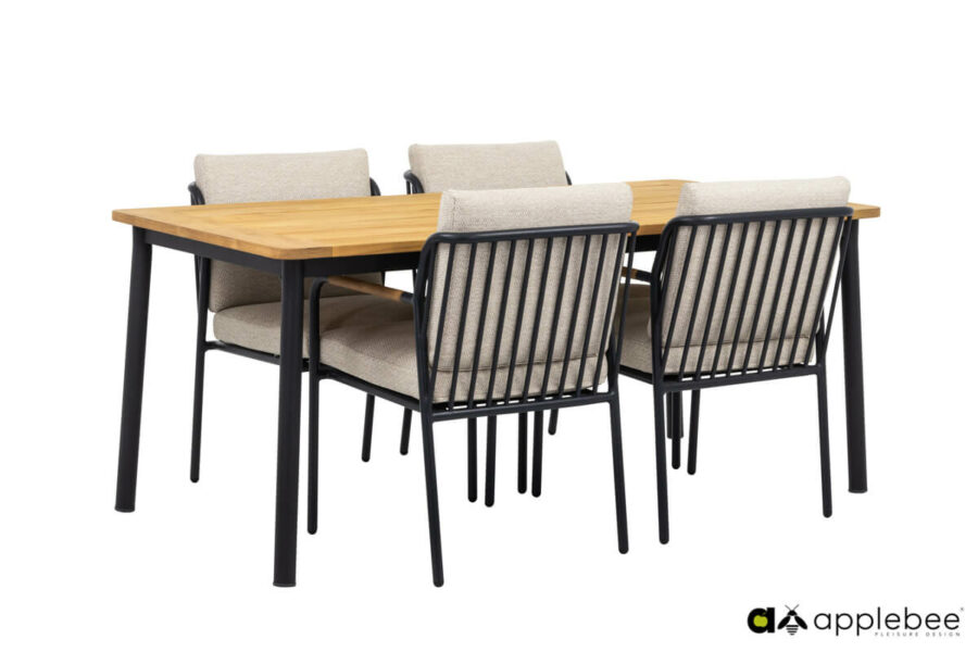 Elle Alu aluminiowy zestaw stołowy do ogrodu 4 osobowy stół teak 4 krzesła ogrodowe Apple Bee aluminiowe meble ogrodowe