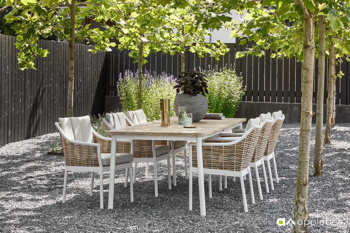 Milou White luksusowe meble stołowe technorattan aluminium białe Apple Bee luksusowe meble ogrodowe