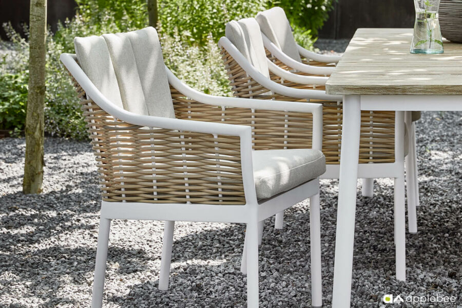 Milou White luksusowe meble stołowe technorattan aluminium stół krzesła ogrodowe Apple Bee ekskluzywne meble ogrodowe