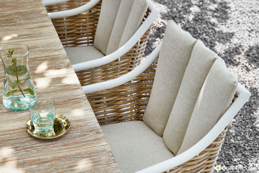 Milou White luksusowe meble stołowe technorattan białe aluminium Apple Bee luksusowe meble ogrodowe