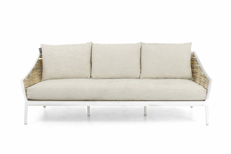Milou White meble ogrodowe technorattan zestaw wypoczynkowy biały elementy zestawu sofa potrójna ogrodowa Apple Bee luksusowe meble technorattanowe