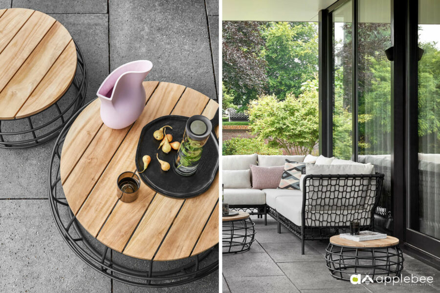 Pure zestaw mebli ogrodowych wypoczynkowych narożnik ogrodowy stoliki kawowe Apple Bee luksusowe meble ogrodowe