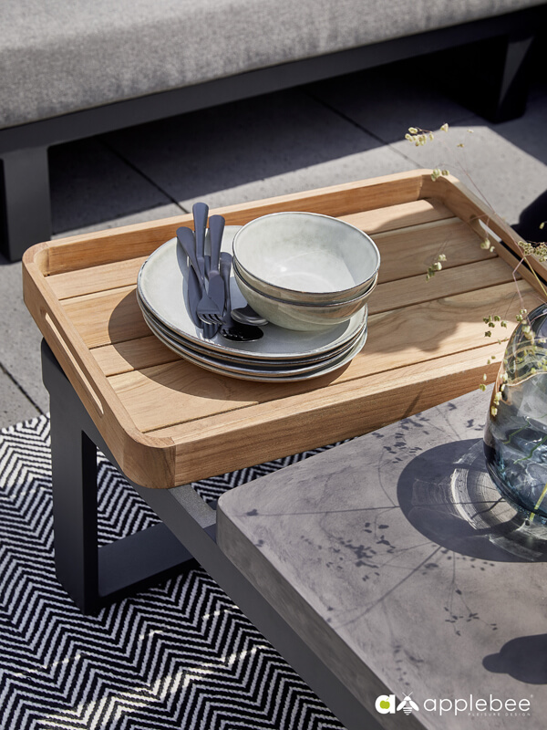 Mura Black meble ogrodowe zestaw wypoczynkowy narożny stolik kawowy lekki beton teak Apple Bee nowoczesne meble aluminiowe