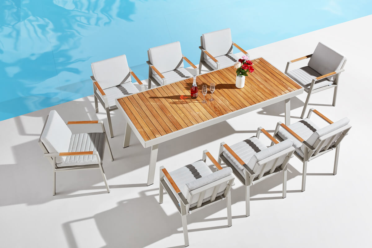 Nofi meble ogrodowe aluminiowe zestaw obiadowy stół ogrodowy teak 8 krzeseł ogrodowych Higold luksusowe meble ogrodowe