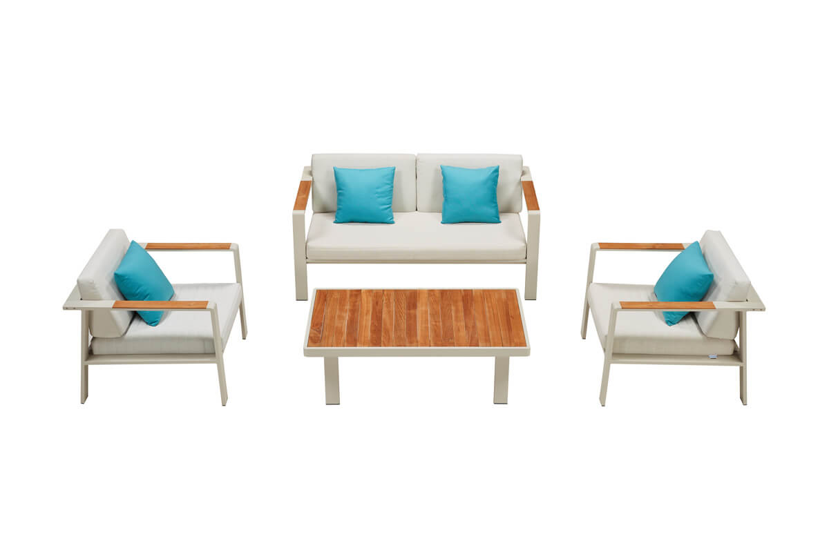 Nofi zestaw mebli ogrodowych z sofą 2 osobową aluminium drewno teak olefin Higold luksusowe meble ogrodowe aluminium