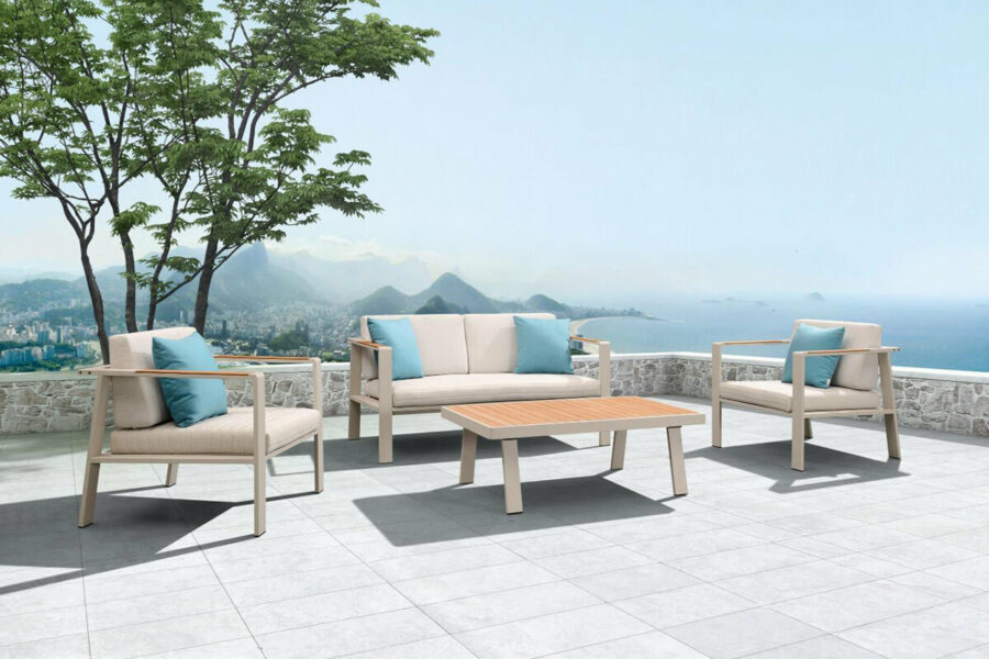 Nofi zestaw mebli ogrodowych z sofą 2 osobową fotele ogrodowe stolik beżowe meble aluminium Higold nowoczesne meble ogrodowe