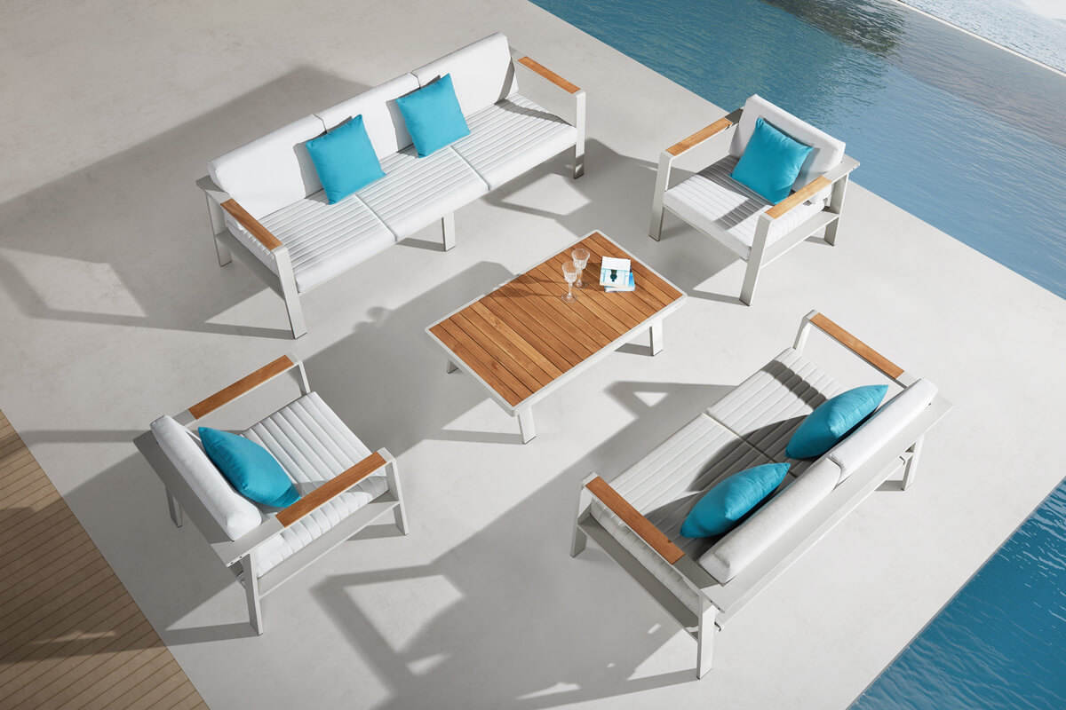 Nofi zestaw mebli ogrodowych z sofą 2 osobową sofa potrójna opcja Higold meble ogrodowe aluminium
