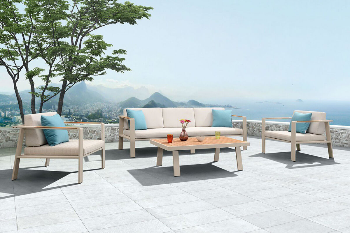 Nofi zestaw mebli ogrodowych z sofa 3 osobową meble ogrodowe aluminium beżowe Higold nowoczesne meble ogrodowe aluminium