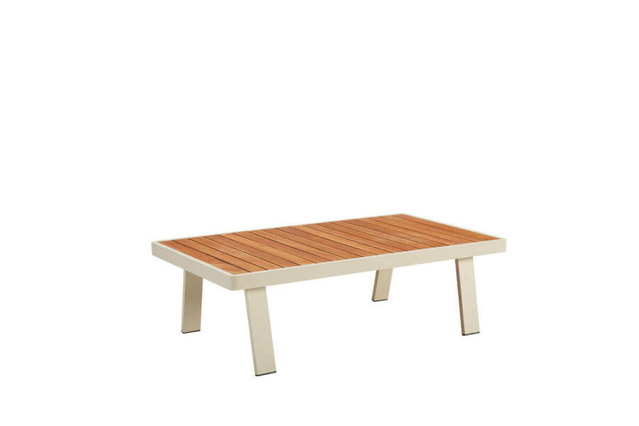 Nofi zestaw mebli ogrodowych z sofa 3 osobową niski stolik kawowy drewno teakowe Higodl meble ogrodowe aluminium