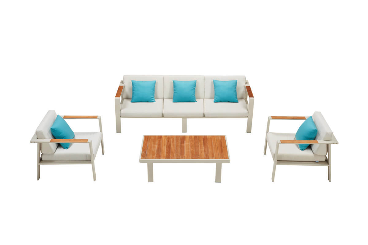 Nofi zestaw mebli ogrodowych z sofa 3 osobową zestaw ogrodowy dla 5 osób Higold meble ogrodowe aluminiowe