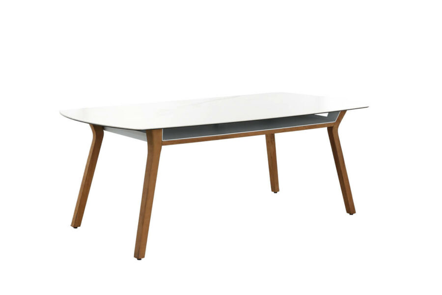 Sheldon meble ogrodowe biały zestaw stołowy stół ogrodowy drewniane nogi szklany blat aluminium Higold meble ogrodowe aluminium