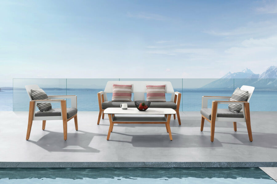 Sheldon meble ogrodowe biały zestaw wypoczynkowy sofa fotele ogrodowe stolik Higold luksusowe meble ogrodowe