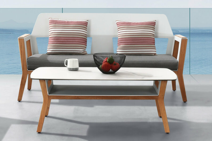 Sheldon meble ogrodowe biały zestaw wypoczynkowy sofa ogrodowa stolik kawowy Higold luksusowe meble do ogrodu