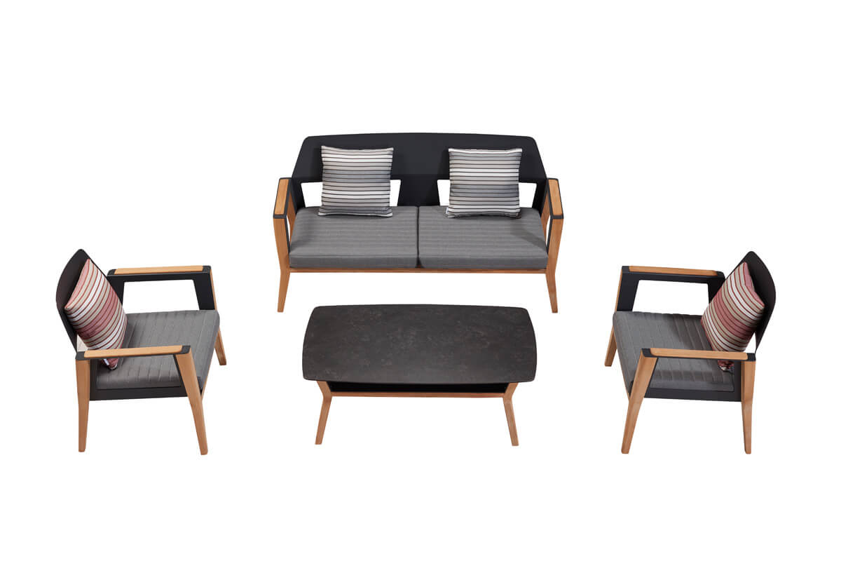 Sheldon meble ogrodowe czarny zestaw wypoczynkowy sofa fotele stolik kawowy Higold nowoczesne meble ogrodowe