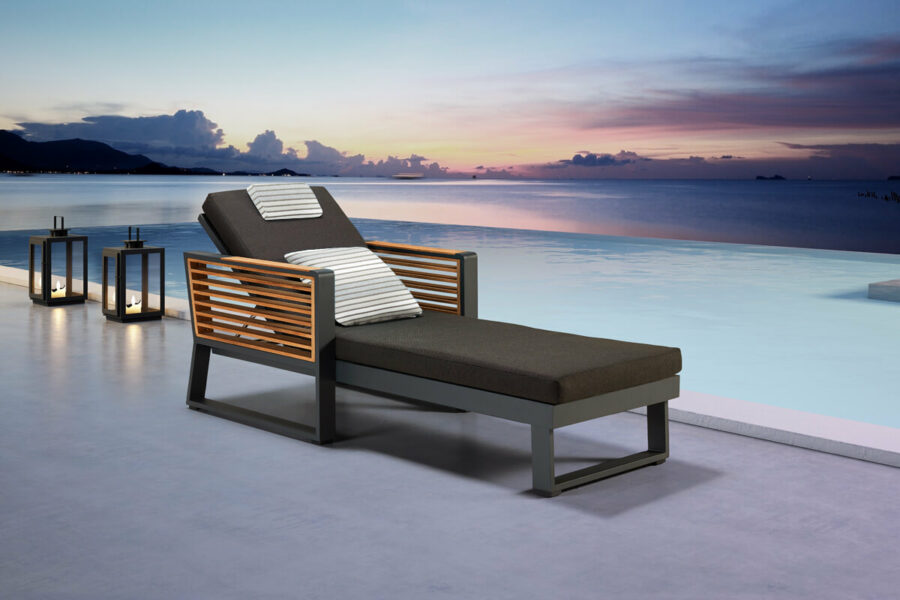 New York elegancki leżak ogrodowy z aluminium drewno teakowe poduszki ozdobne luksusowe meble ogrodowe Higold