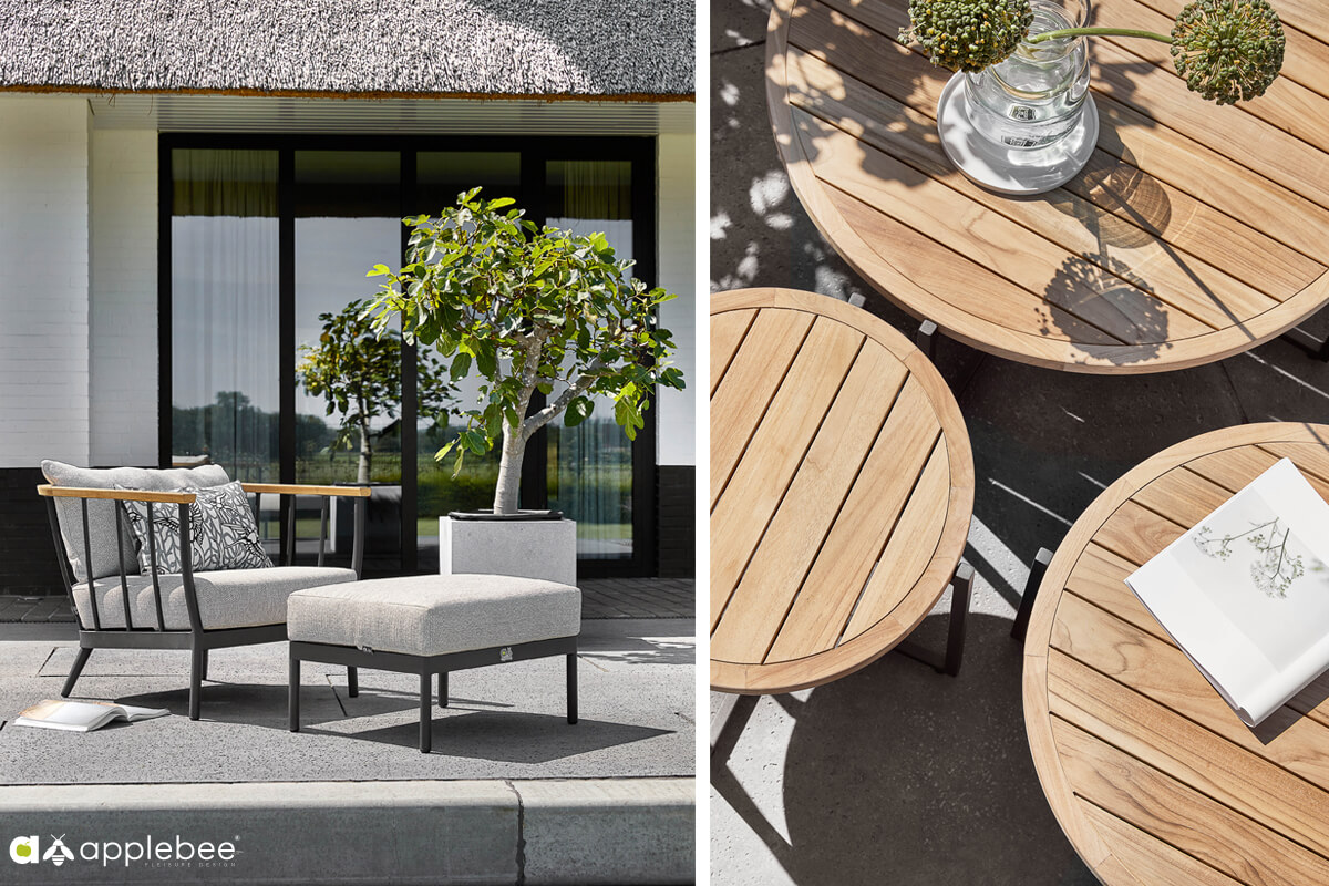 Condor ekskluzywny zestaw wypoczynkowy z aluminium fotel ogrodowy podnóżek otomana teak stoliki Apple Bee nowoczesne meble ogrodowe