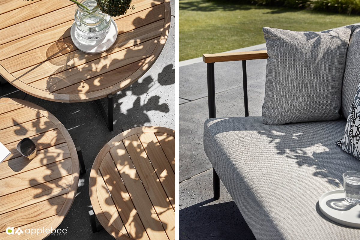 Condor ekskluzywny zestaw wypoczynkowy z aluminium sofa ogrodowa stoliki ogrodowe teak Apple Bee luksusowe meble ogrodowe