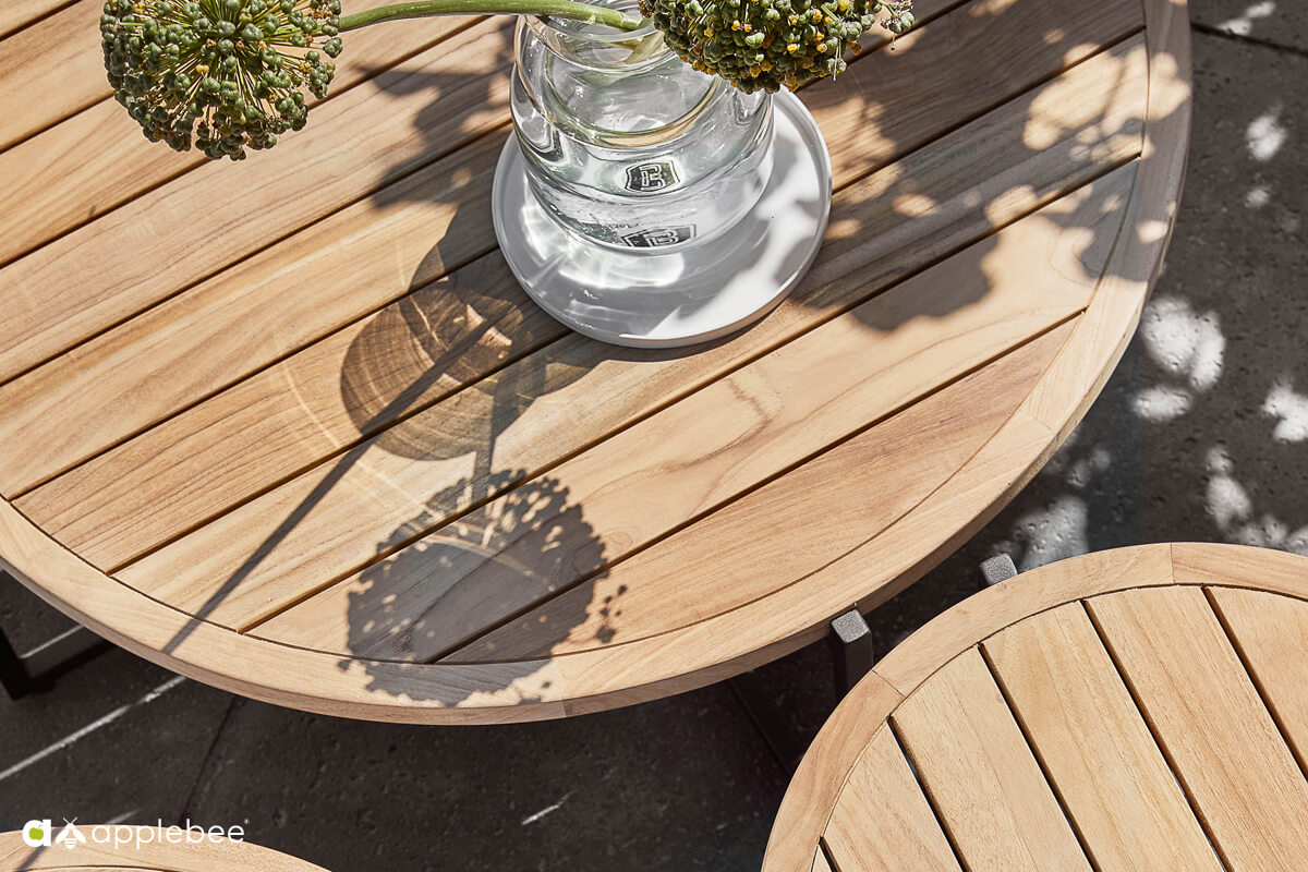 Condor ekskluzywny zestaw wypoczynkowy z aluminium stoliki kawowe blat teakowy Apple Bee nowoczesne meble ogrodowe aluminium