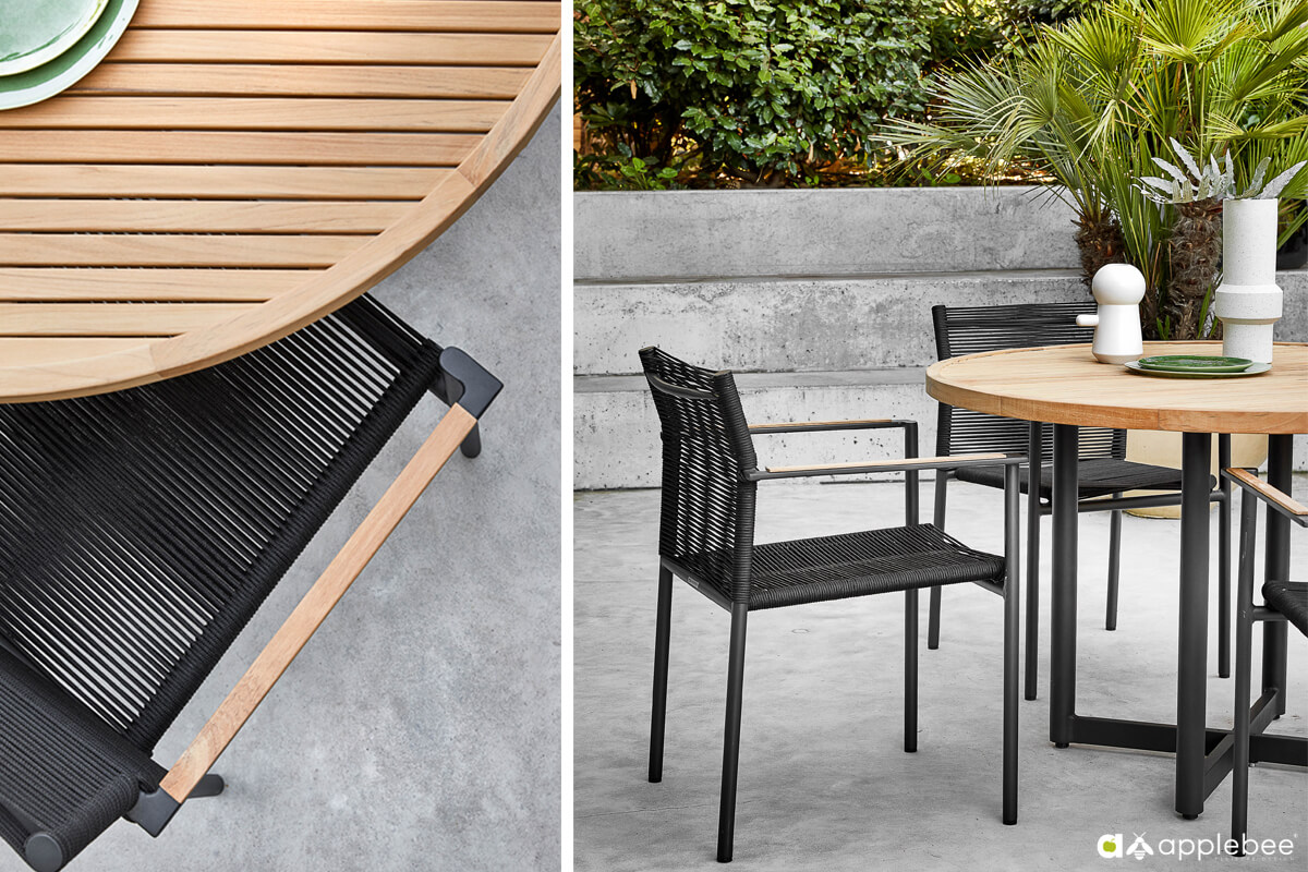 Jakarta zestaw stołowy do ogrodu dla 4 osób stół czarne krzesła ogrodowe sztapla lina Apple Bee zestawy ogrodowe premium