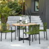 Jakarta zestaw stołowy do ogrodu dla 4 osób stół okrągły teak zielone krzesła ogrodowe sztapla lina Apple Bee meble ogrodowe premium