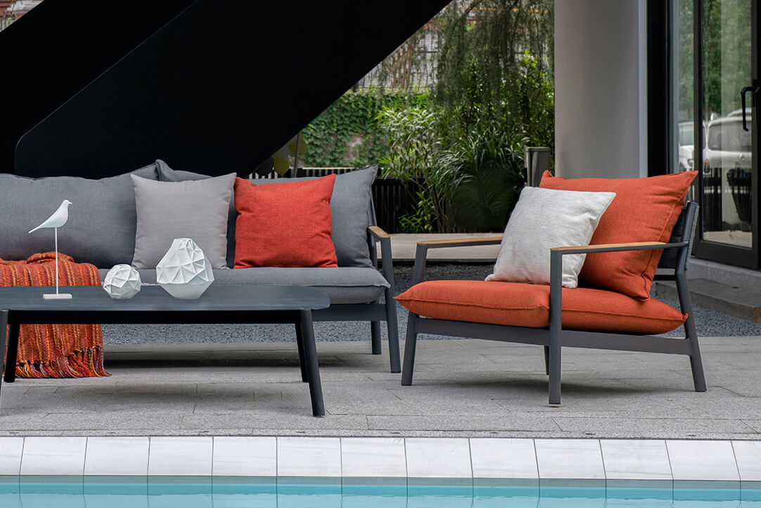 Milan fotel ogrodowy pomarańczowy poduszki spun-poly Twoja Siesta meble ogrodowe aluminium