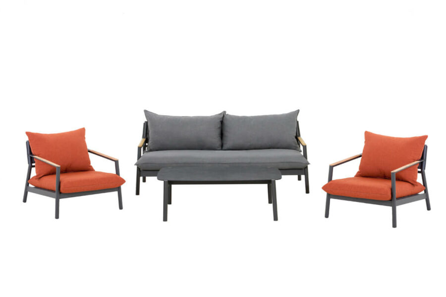 Milan komplet mebli ogrodowych wypoczynek pomarańczowy fotele pomarańczowe stolik Twoja Siesta meble ogrodowe aluminium