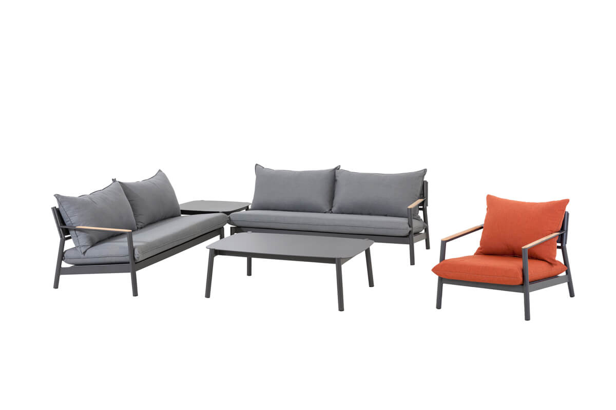 Milan nowoczesny narożnik ogrodowy zestaw 1 fotel pomarańczowy sofy ogrodowe stoliki szare Twoja Siesta meble do ogrodu aluminium
