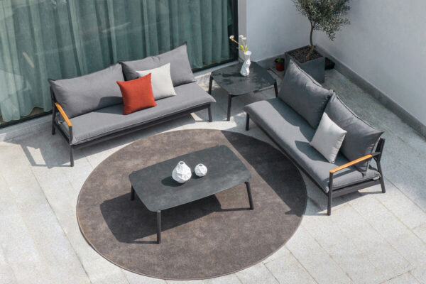 Milan nowoczesny narożnik ogrodowy zestaw 1 sofy ogrodowe stoliki szare Twoja Siesta meble ogrodowe aluminium