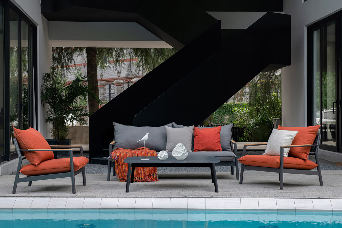 Milan zestaw mebli ogrodowych wypoczynkowy szary pomarańczowy sofa ogrodowa szara fotele pomarańczowe stolik Twoja Siesta meble ogrodowe aluminium