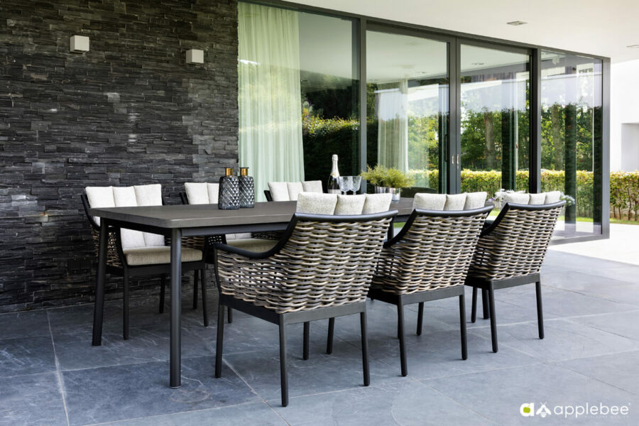 Milou Black luksusowy zestaw obiadowy technorattan aluminium stół beton 240cm 6 krzeseł Apple Bee meble ogrodowe