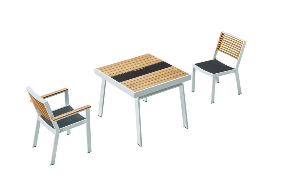 York zestaw mebli ogrodowych stół i krzesła aluminium teak biały dla 4 osó Higold nowoczesne meble ogrodowe premium