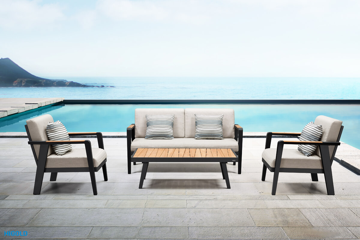 Emoti ekskluzywny zestaw wypoczynkowy meble ogrodowe z aluminium sofa 2 osobowa fotele stolik Higold meble ogrodowe premium