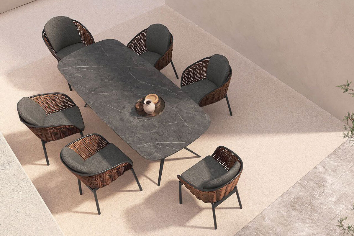 Noci meble ogrodowe zestaw stołowy dla 6 osób aluminium technorattan eleganckie meble ogrodowe na taras Twoja Siesta