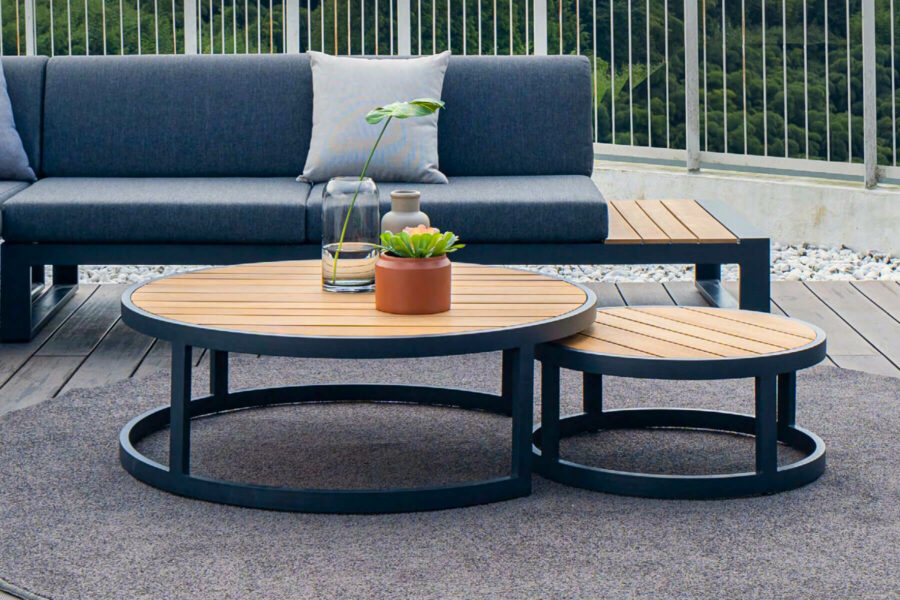Ferrara Wood zestaw stolików ogrodowych aluminium drewno tekowe Twojasiesta luksusowe meble ogrodowe