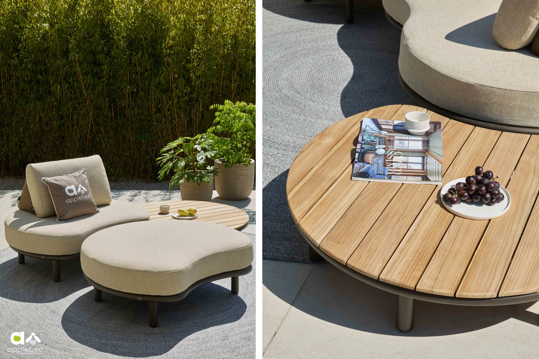 Moon Island Brozne fotel z otomaną i stolik kawowy | Apple Bee Moon Island Bronze zestaw wypoczynkowy na taras fotel ogrodowy otomana niski stolik