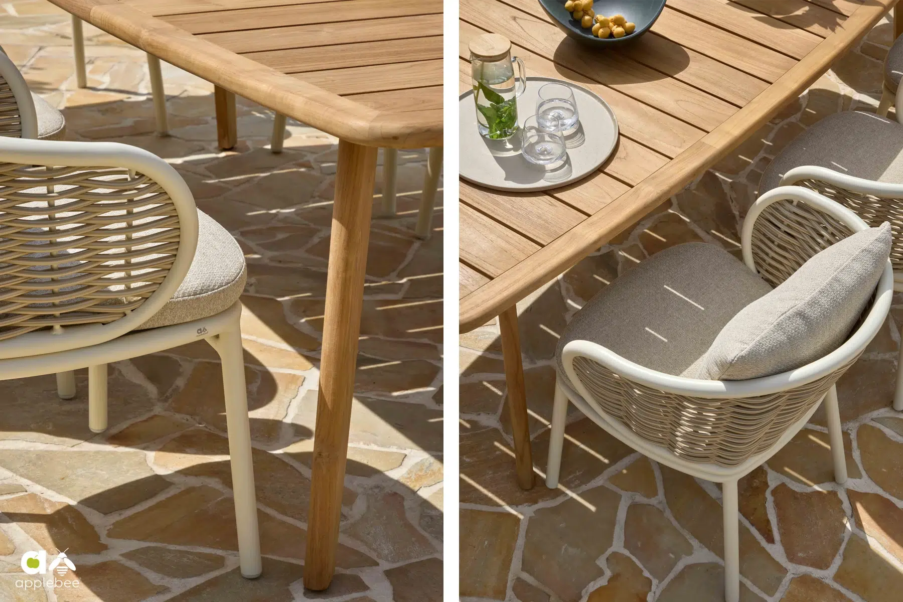 Pine Key Oyster materiały najwyższej jakości - aluminium,, technorattan i drewno teakowe | Apple Bee Pine Key Oyster meble ogrodowe stół i 8 krzeseł detale mebli tarasowych Apple Bee