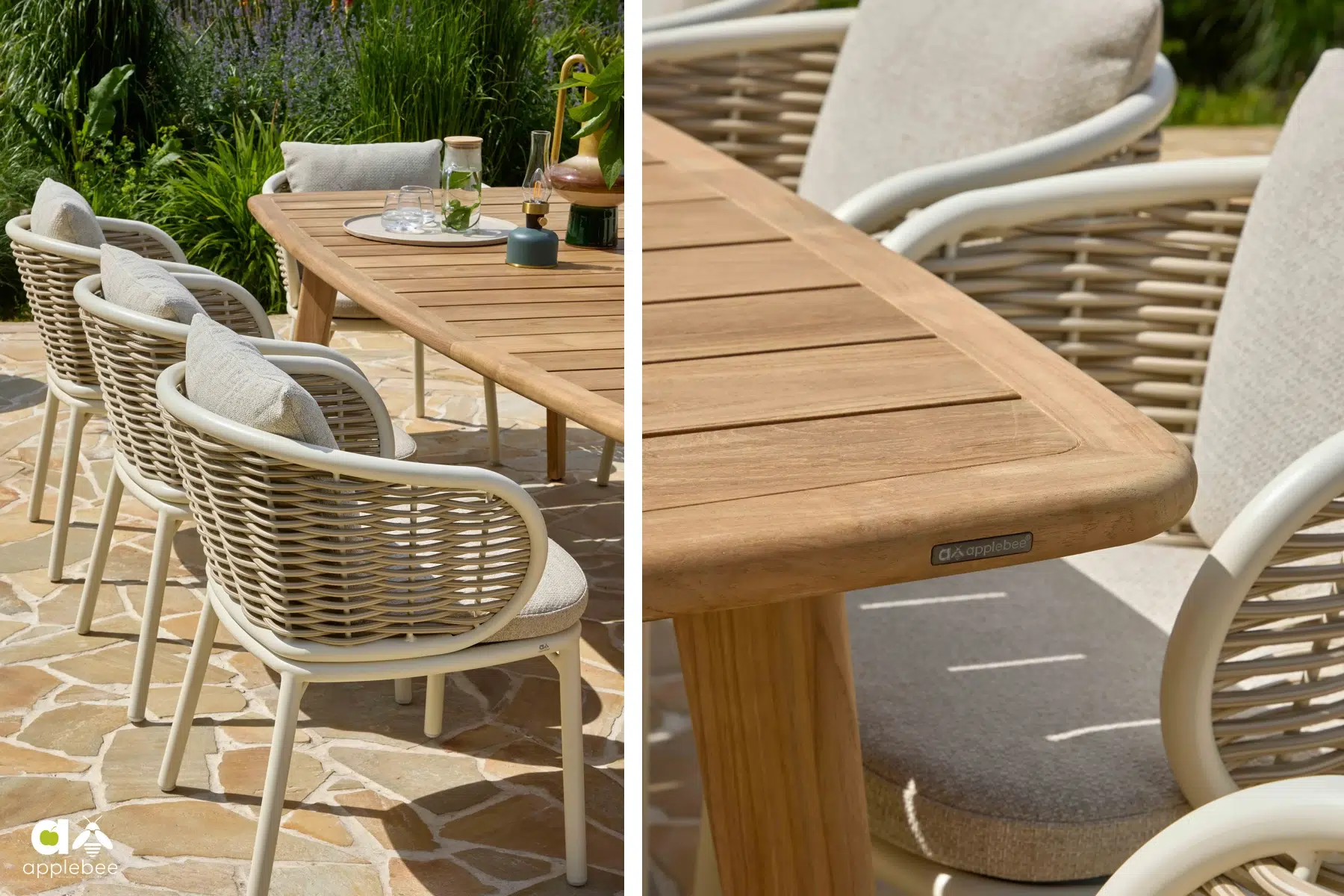 Pine Key Oyster zestaw stół ogrodowy z krzesłami dla 8 osób | Apple Bee Pine Key Oyster meble ogrodowe stół i 8 krzeseł - eleganckie krzesła ogrodowe stół tekowy komplet mebli ogrodowych Apple Bee