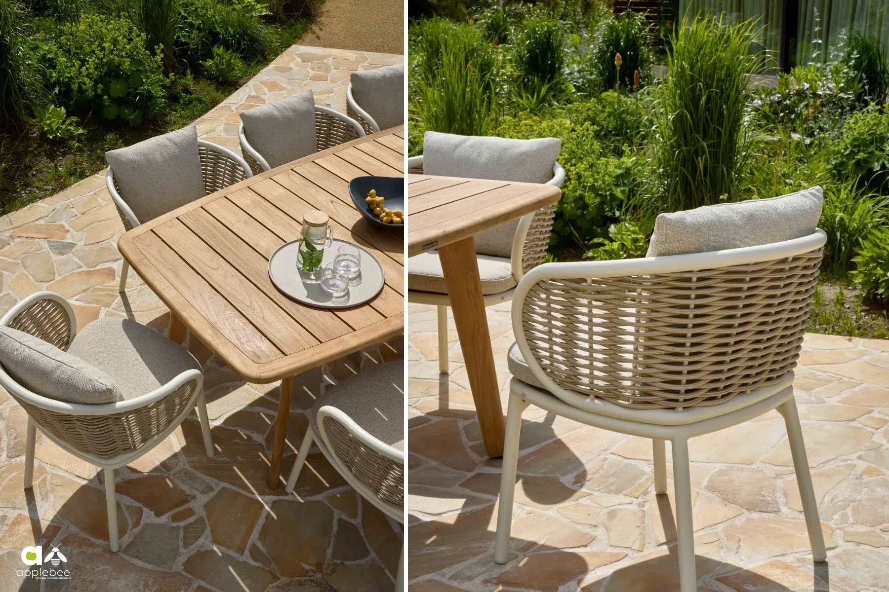 Meble tarasowe Pine Key Oyster - stół ogrodowy 8 krzeseł | Apple Bee Pine Key Oyster meble ogrodowe stół i 8 krzeseł - krzesła aluminium technorattan, stół ogrodowy teak Apple Bee