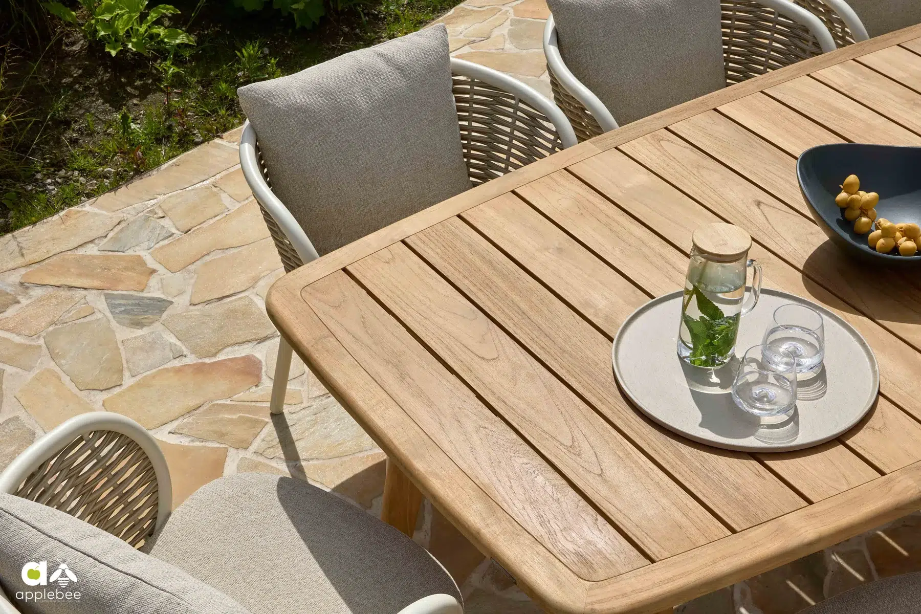 Pine Key Oyster stół ogrodowy z drewna teakowego | Apple Bee Pine Key Oyster meble ogrodowe stół i 8 krzeseł stół ogrodowy tekowy zestaw ogrodowy premium Apple Bee
