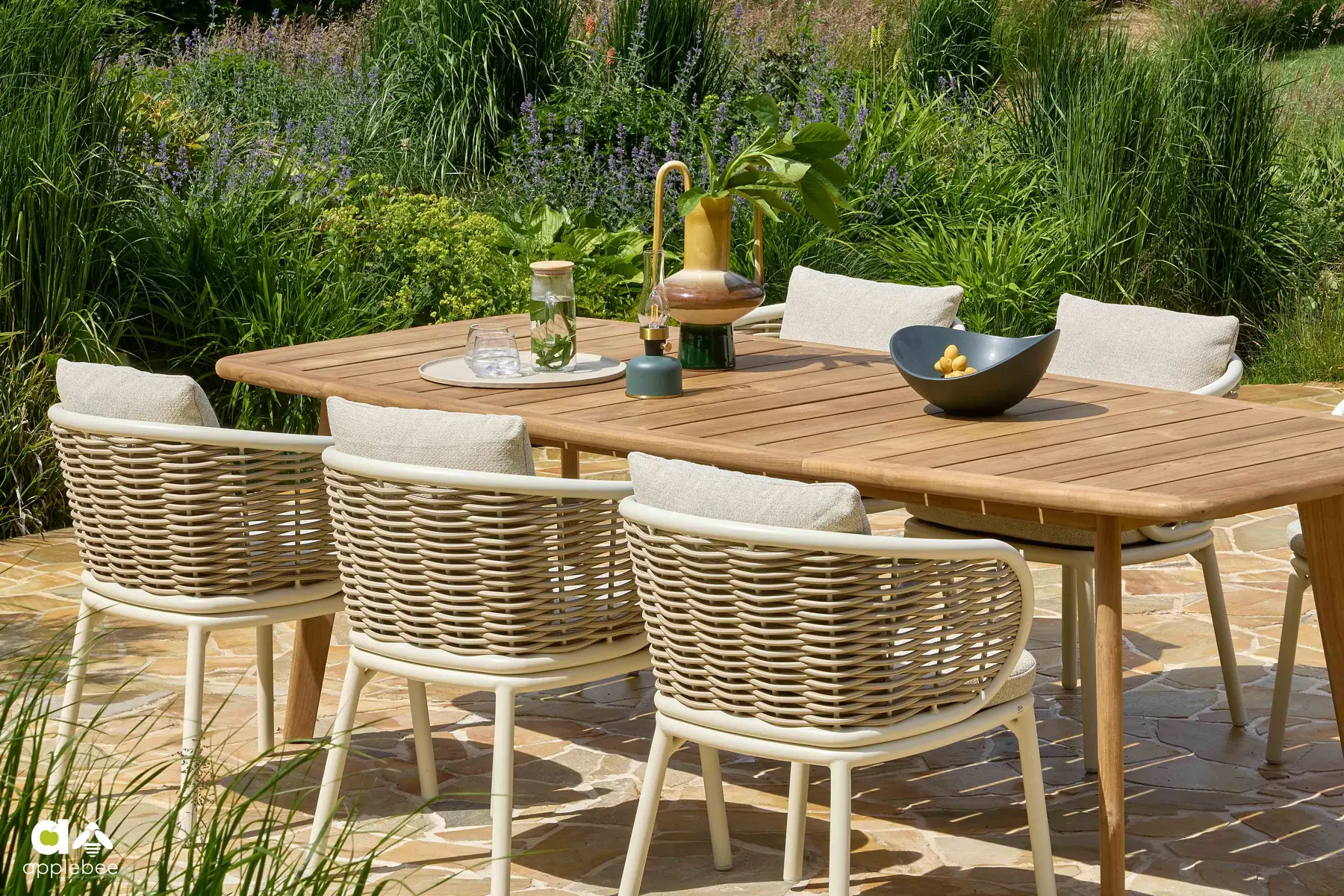 Pine Key Oyster zestaw z tekowym stołem i krzesłami | Apple Bee Pine Key Oyster meble ogrodowe stół i 8 krzeseł zestaw ogrodowy technorattanowy Apple Bee