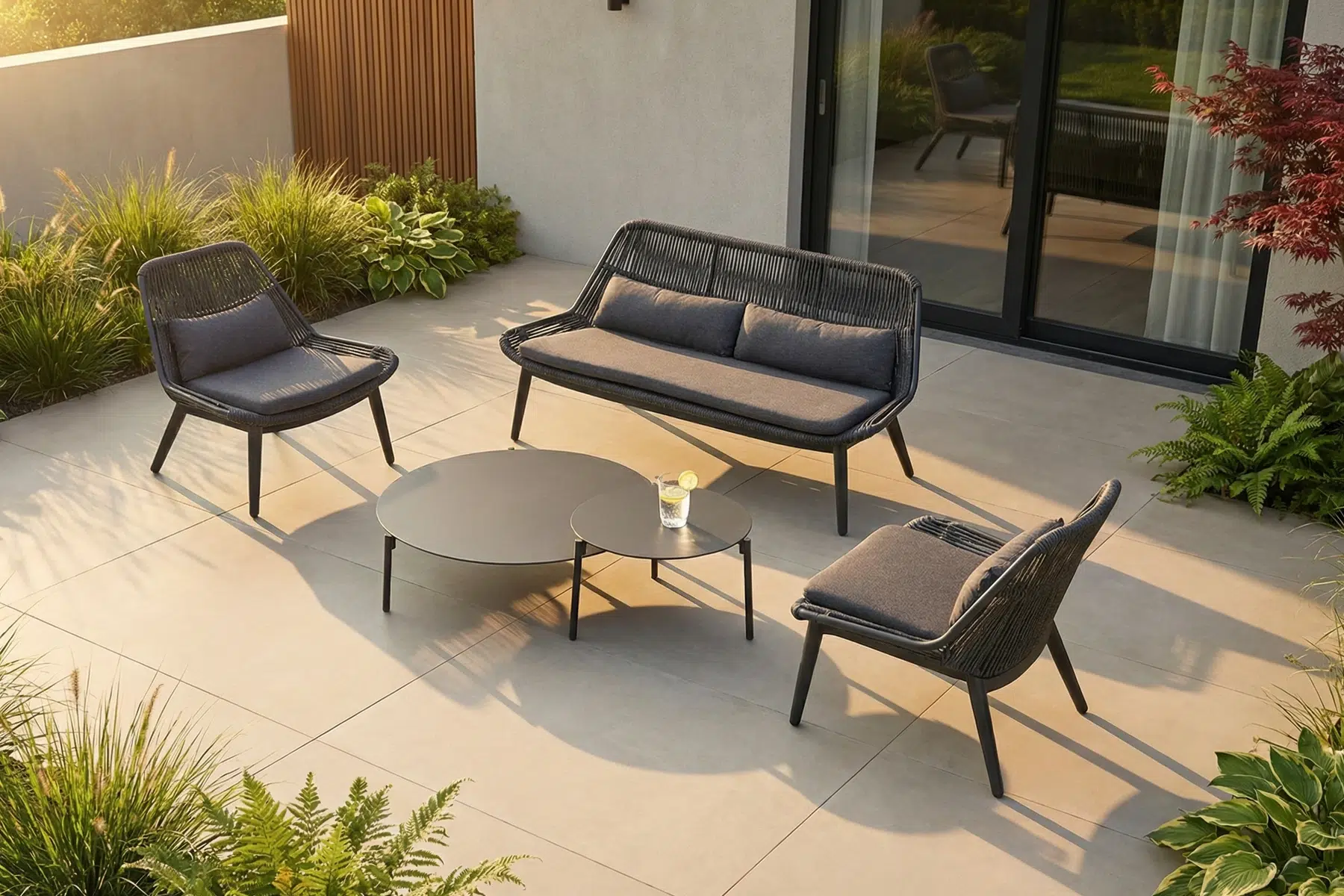 Meble ogrodowe Lund w aranżacji ze stolikami okrągłymi Ambience | Twoja Siesta Lund zestaw ogrodowy wypoczynkowy meble tarasowe aluminiowe Twojasiesta