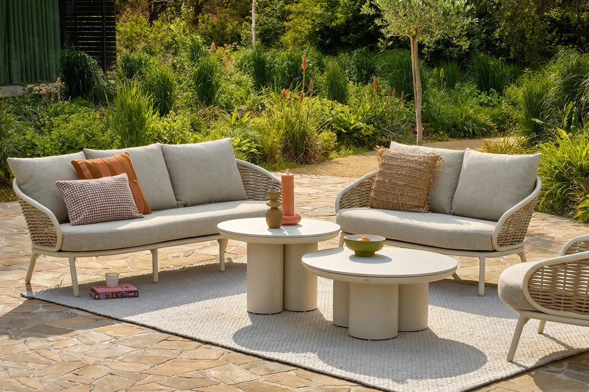 Pine Key Oyster meble ogrodowe aluminiowe z technorattanem | Apple Bee ekskluzywne meble ogrodowe z technorattanu aluminium drewna zestawy ogrodowe wypoczynkowe Pine Key Oyster Apple Bee meble ogrodowe technorattan