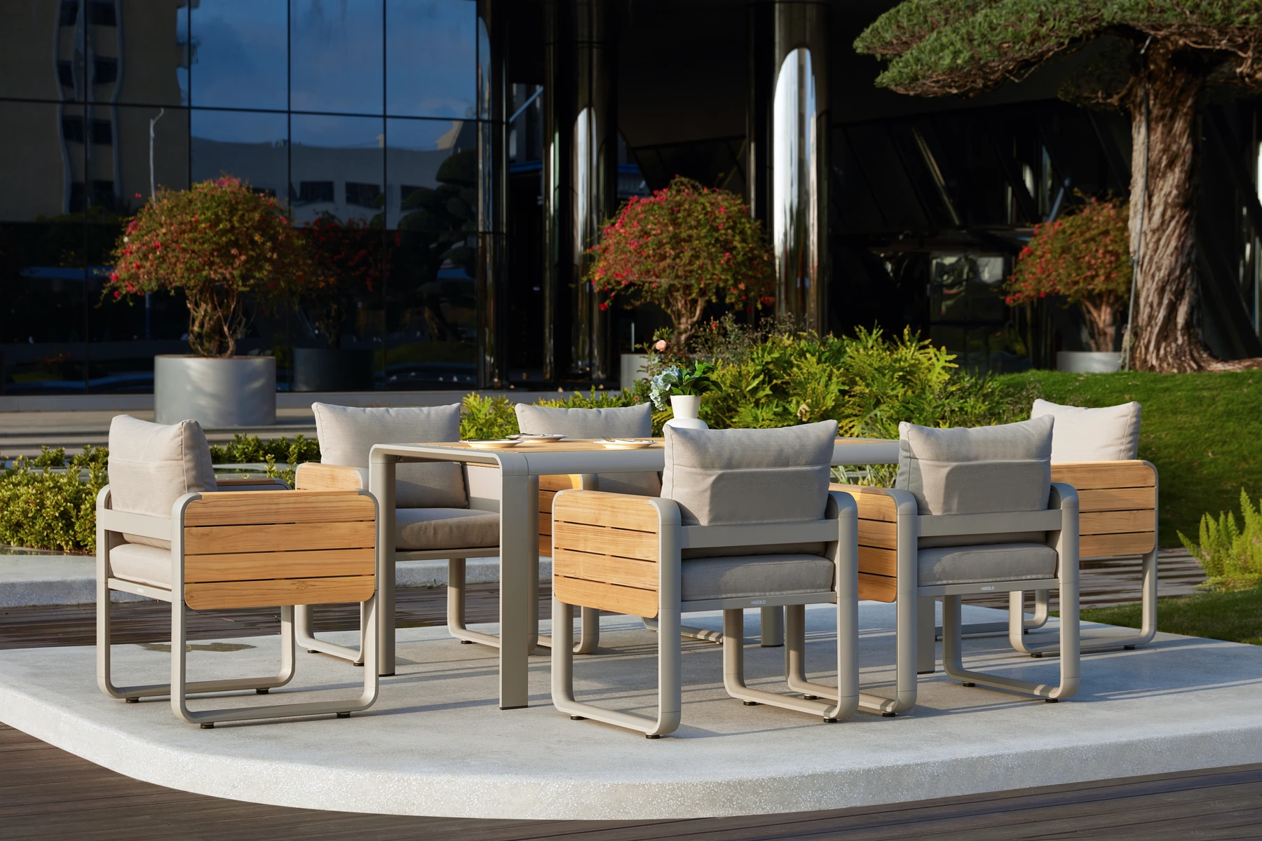 Nottingham stół ogrodowy z krzesłami 6 osobowy stół ogrodowy 160 cm drewno tekowe aluminium meble ogrodowe Higold