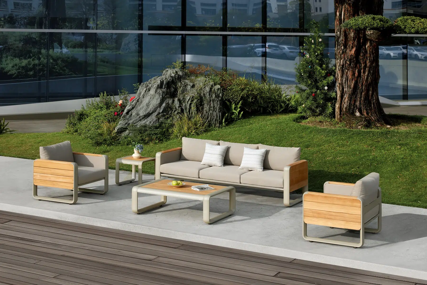 Nottingham zestaw ogrodowy wypoczynkowy Higold 5 osób sofa fotele ogrodowe dwa stoliki meble aluminiowe premium